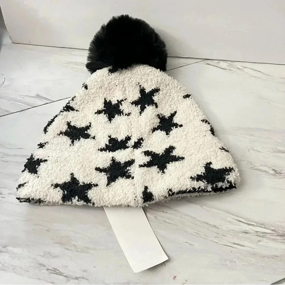 Jenni Pom Pom Beanie Hat White Black Stars Details Soft Cozy - Picture 2 of 4